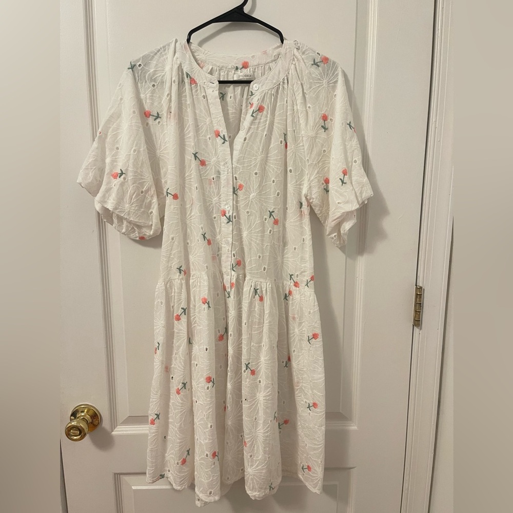 Stitchdrop white eyelet dress. With embroidered flowers.